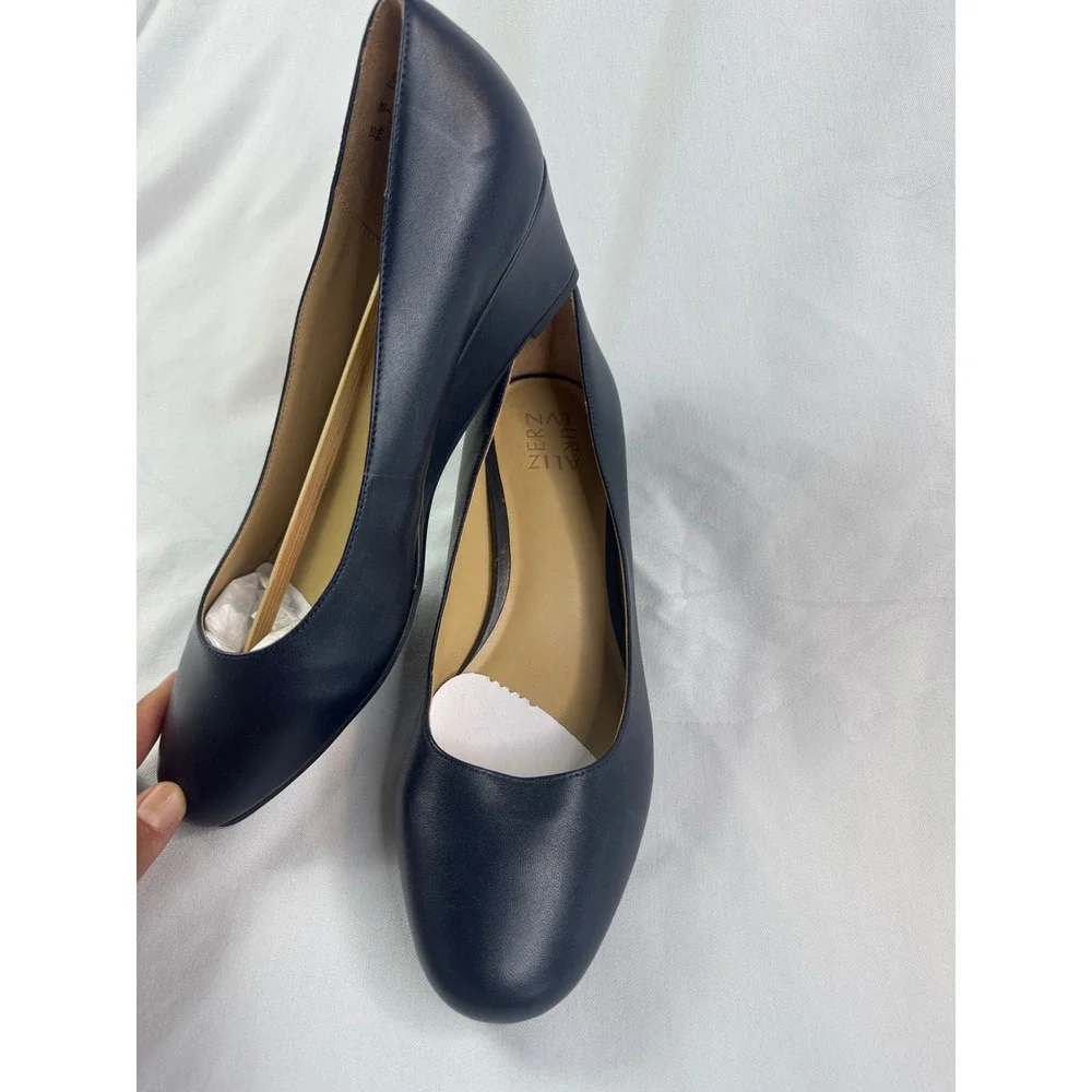 Naturalizer Pilar Navy Blue Leather Wedge Pumps Round Toe Shoes Womens 9W